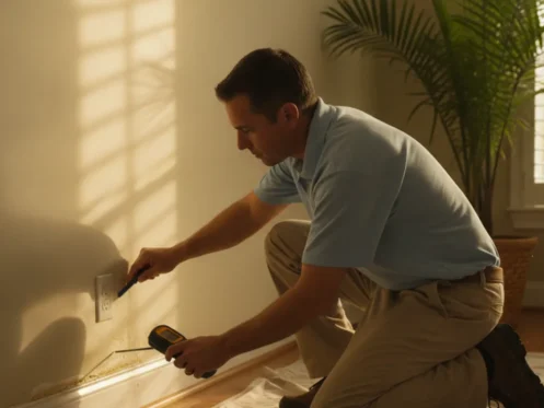 Restoration professional checking a water-damaged room in a Southwest Florida home