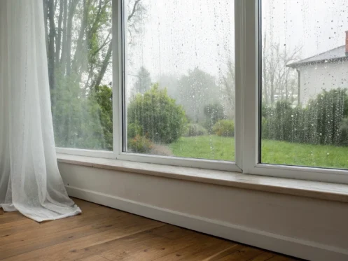 A house window with condensation after rain, a source of the musty smell in your home.