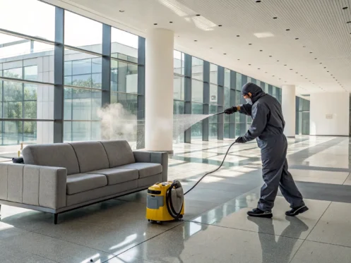 Professional odor removal service technician using specialized equipment to disinfect a modern sofa.